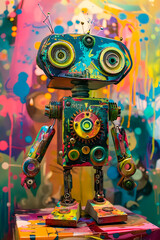 A colorful robot sitting on top of a table