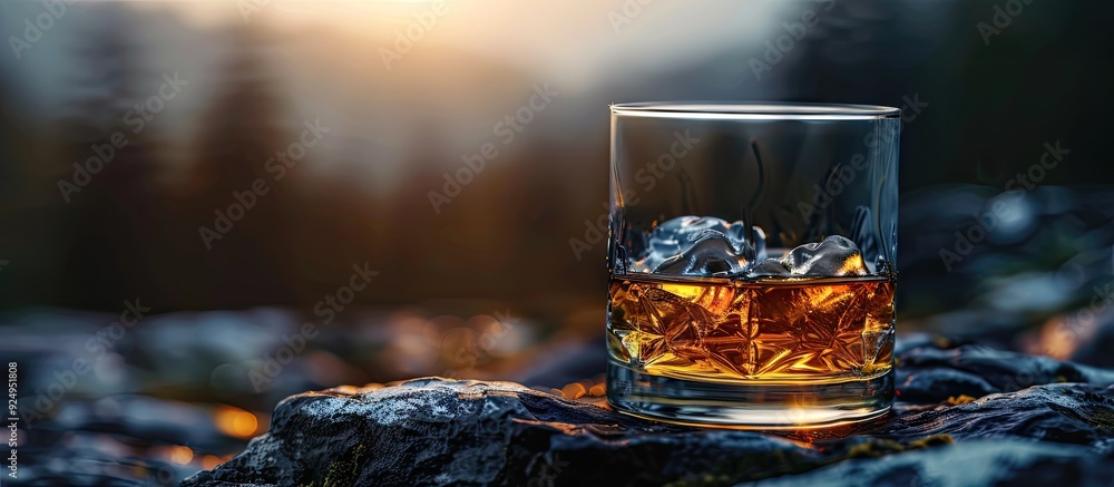 Poster cold stones for whiskey and a glass of whiskey in close up on a worn table copy space