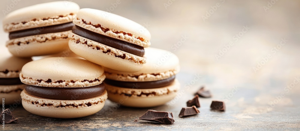 Poster homemade vanilla chocolate macarons. with copy space image. place for adding text or design