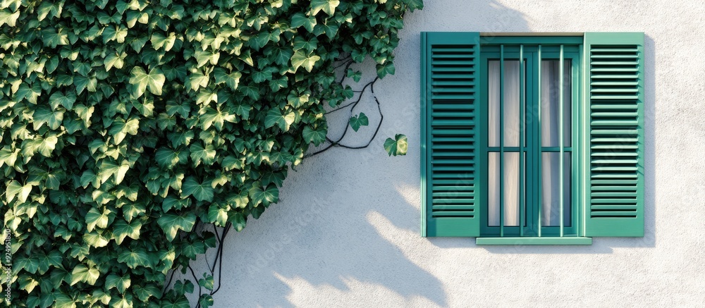 Aufkleber Ivy climbing on a white wall with green window shutters. with copy space image. Place for adding text or design