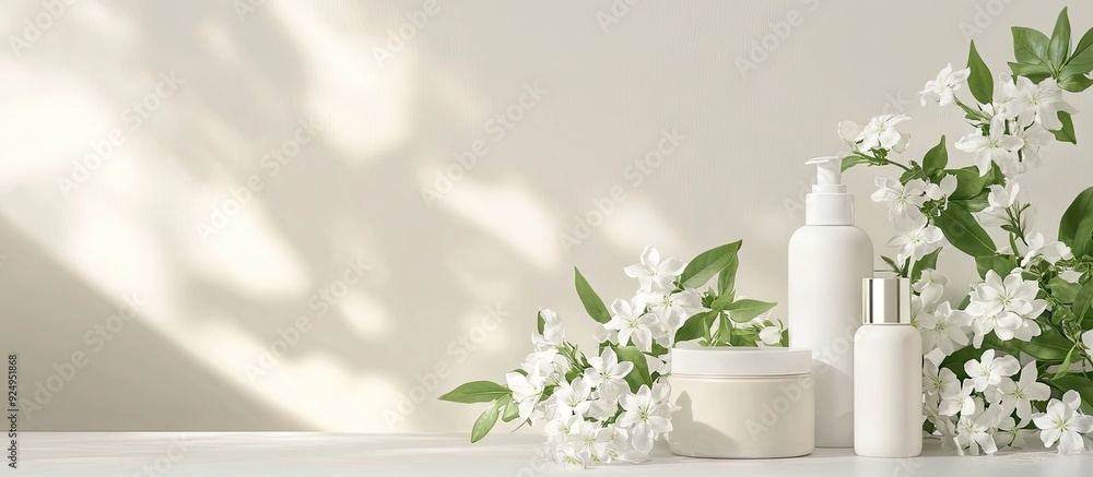 Poster Arrangement of lovely jasmine flowers and skincare items on a white table space for text. with copy space image. Place for adding text or design