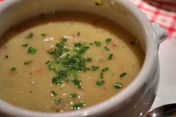 German cuisine: potato soup in Munich, Germany