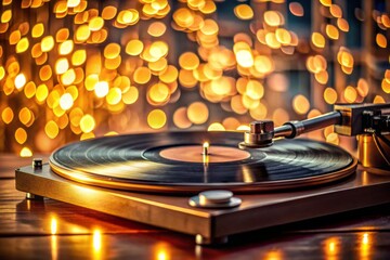 Obraz premium Warm orange glow illuminates vintage vinyl record player, spotlighting turntable needle on spinning record, surrounded by bright disco-bokeh lights, evoking nostalgia and retro charm.