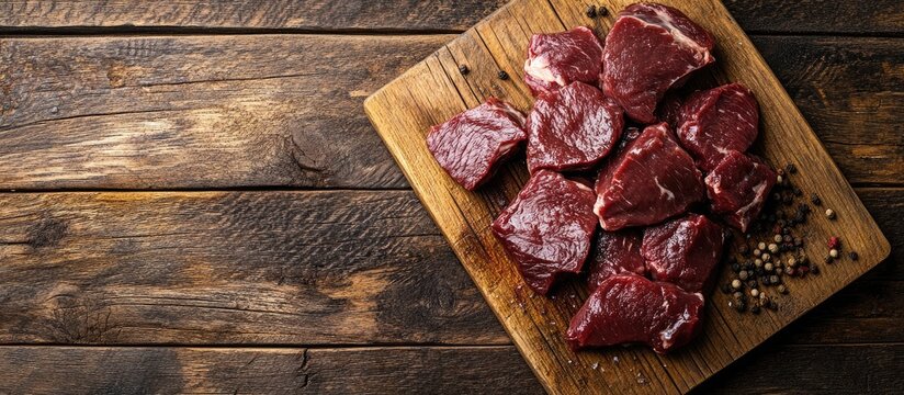 Sliced raw venison deer meat for a stew on a butcher s cutting board Wooden background Top view. with copy space image. Place for adding text or design