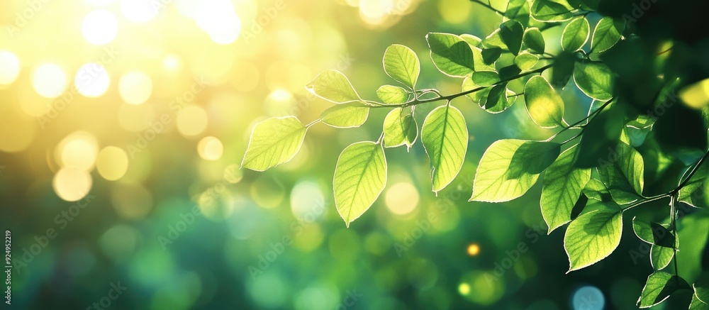 Poster bokeh background featuring abstract blurred leaves and vibrant summer sunlight. with copy space imag