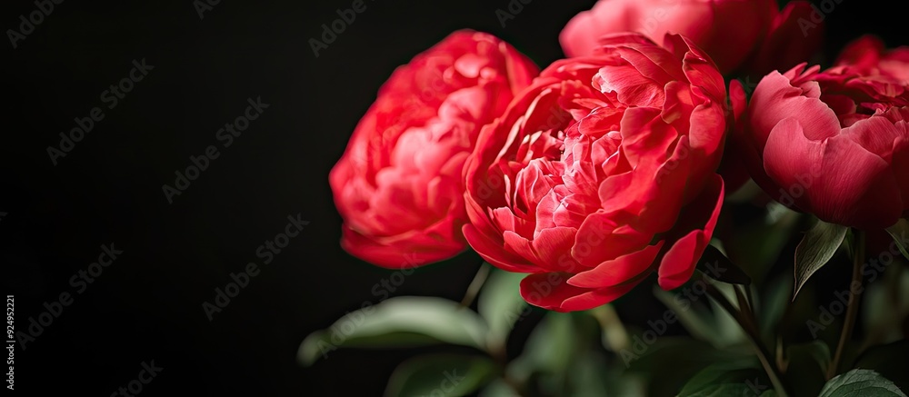 Poster peony red roses against a black background blurred and with selective focus close up of the flower i
