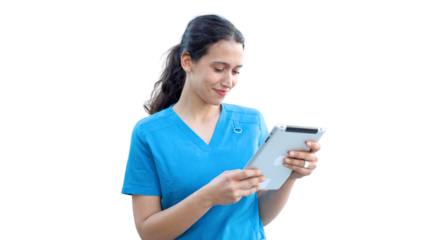Young female doctor standing in front of her medical clinic and using a digital tablet, transparent background	