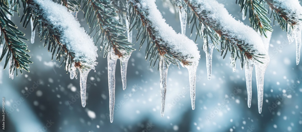 Poster close up of snow covered spruce branches winter christmas backdrop icicles hanging from spruce branc