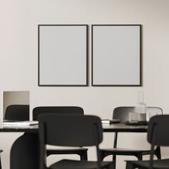 Two empty frames above office  conference table with laptop and notebooks, 3d reneirng