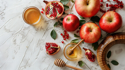Flat lay composition apples, ram's horn, pomegranate, honey jar, honey spoon, Shofar Ram's Horn