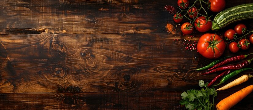Indian vegetables including tomatoes carrots yams pointed gourd green chilies methi leaves cilantro and eggplants arranged on a wooden background with copy space