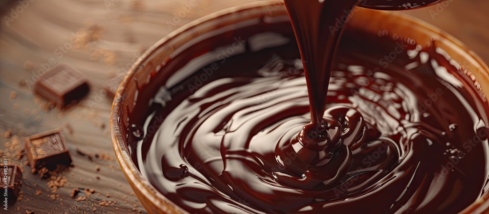 Leinwandbilder Macro photo of high quality dark chocolate being poured into a bowl with a shallow focus. with copy space image. Place for adding text or design