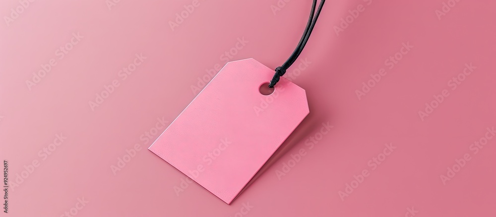 Aufkleber Blank badge mockup isolated on a pink background Simple empty name tag mockup hanging from a neck with a red string. with copy space image. Place for adding text or design