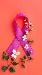 Pink ribbon for breast cancer awareness with Floral background.