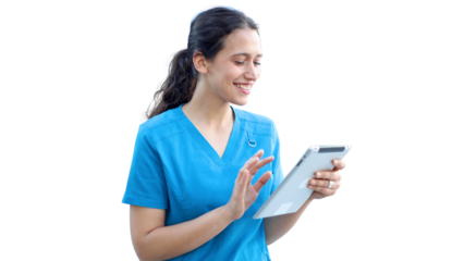 Young female doctor standing in front of her medical clinic and using a digital tablet, transparent background