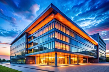 bright gradient blue and orange hues futuristic modern corporate building architecture concept sleek lines minimalist typography high-end business style atmospheric evening mood