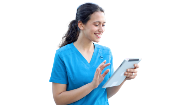 Young female doctor standing in front of her medical clinic and using a digital tablet, transparent background