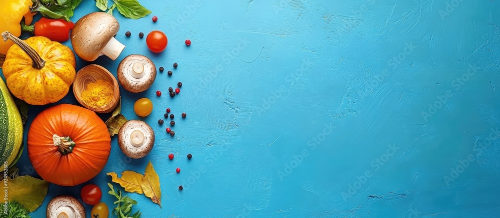 Poster ingredients for making indian curry using vegetables pumpkins and mushrooms on a blue background alo