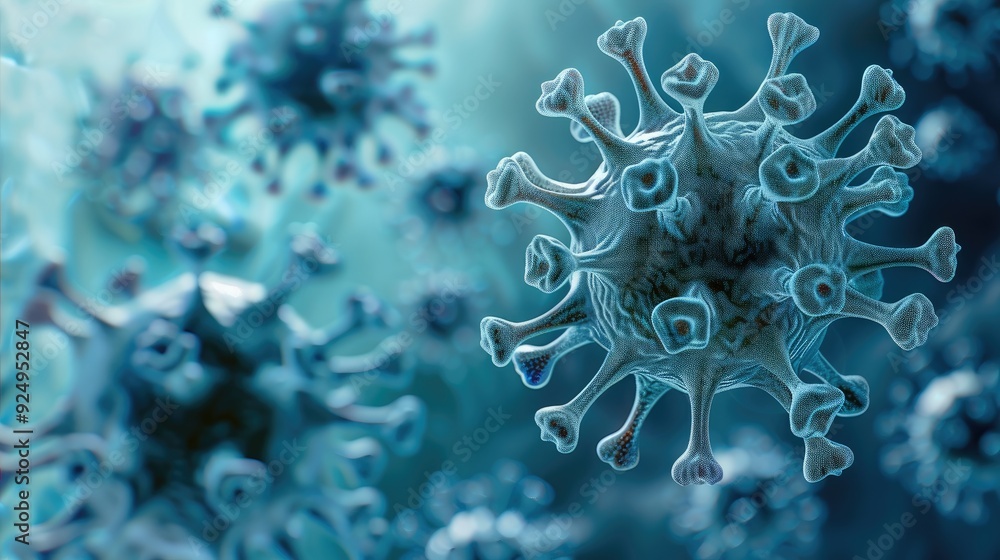 Poster 3d render of microscopic corona virus, background blue and teal. generative ai.