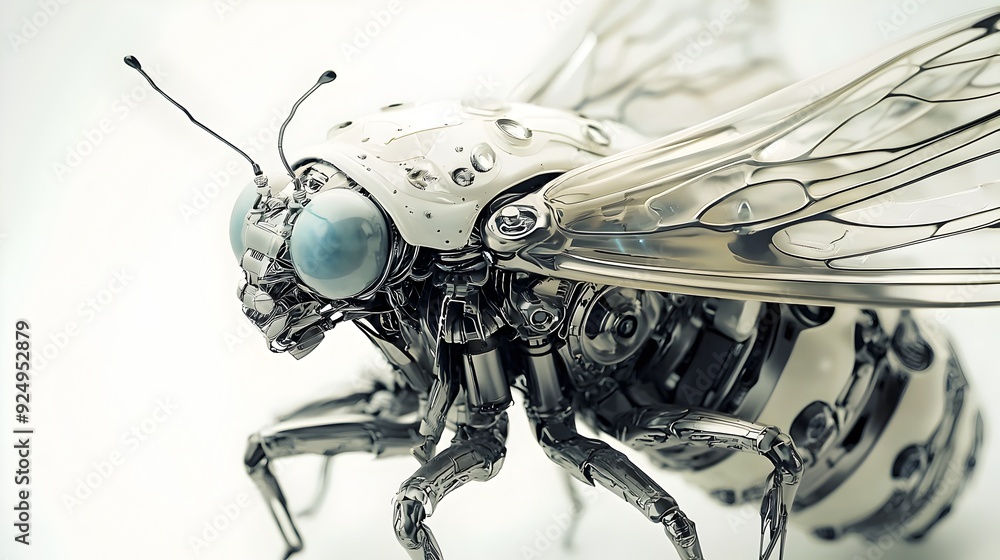 Poster robotic cicada emerging from mechanical shell,symbolizing transformation and renewal