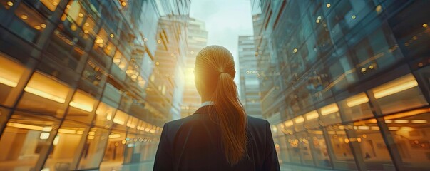 A businesswoman standing confidently in an urban setting, reflecting ambition and inspiration amidst modern architecture.