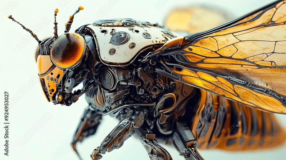 Poster robotic cicada emerging from mechanical shell,symbolizing transformation and renewal