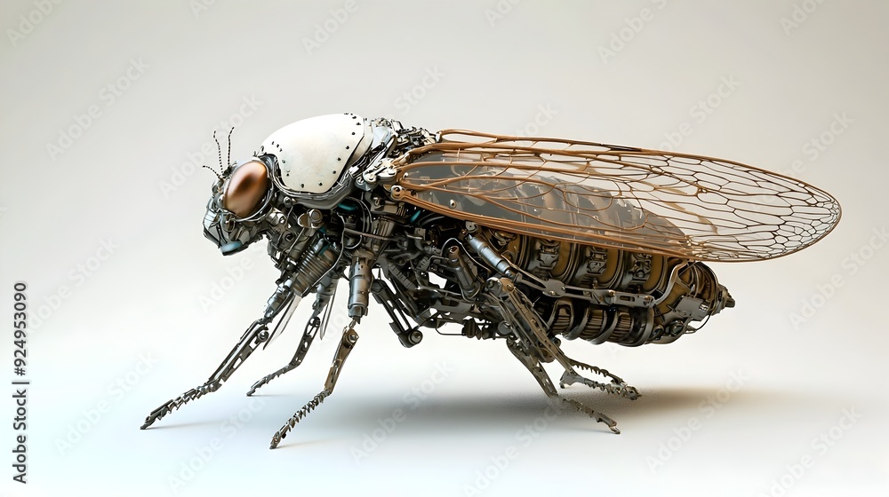 Poster robotic cicada emerging from mechanical shell,symbolizing transformation and renewal