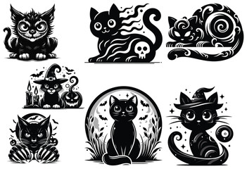Vector black cats illustrations, Halloween style, black and white, spooky and playful designs