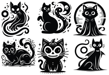 Cute Halloween black cat illustrations in black and white, perfect for spooky themed designs