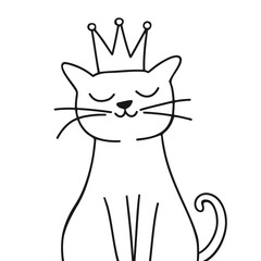 Cute cat in crown, line art. Cartoon hand drawn doodle kitty princess. Childish vector illustration