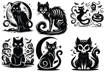Gothic black cat illustrations spooky themed in black and white Halloween designs, perfect for decor
