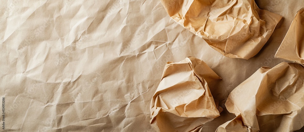 Poster close up of crumpled craft paper alongside carton sheets with copy space