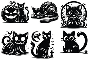 Black Halloween cats playing against a white background, Halloween decorations and designs