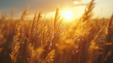 Sunset in the field with yellow grass