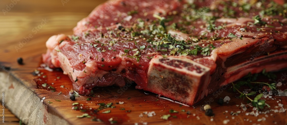 Aufkleber raw beef on the bone steak seasoned with spices barbecue marinade red sauce traditional cuisine unco