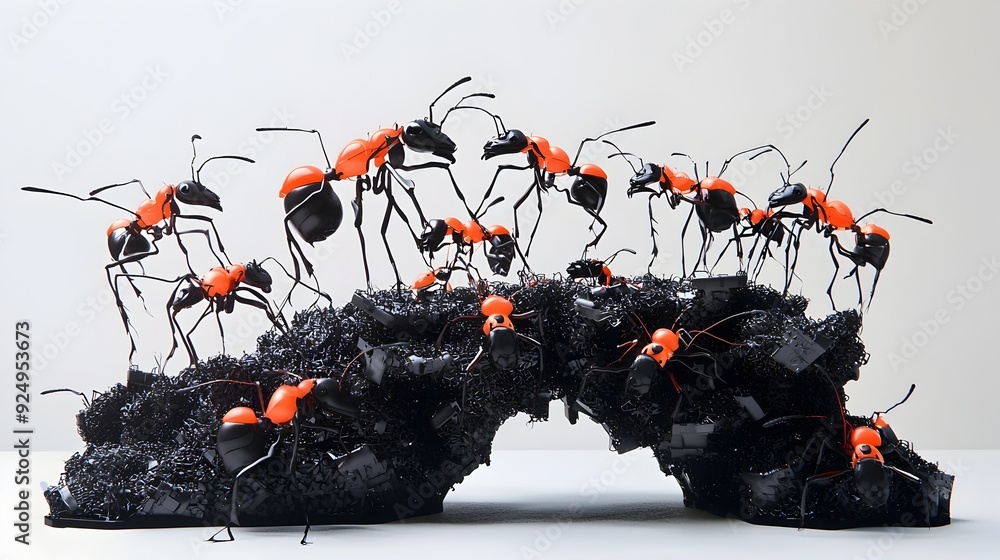 Poster robotic ant colony constructing futuristic industrial structure with teamwork and efficiency