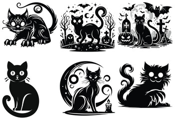 Halloween black cats with mystical elements, eerie and magical, perfect for holiday decorations