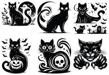 Vector illustrations of black cats with spooky elements in Halloween theme perfect for decor