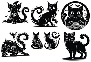 Black cat illustrations in Halloween theme, monochromatic, spooky and playful decorations