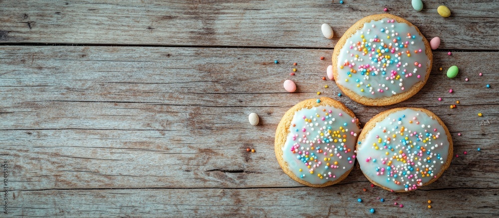 Fototapete easter cookies homemade cookies topped with sugar icing and sprinkles on a wooden background. with c