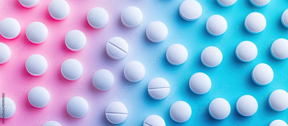 Poster A collection of round medical tablet pills positioned on a blue and pink background. with copy space image. Place for adding text or design