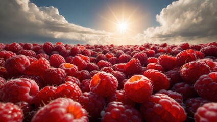 A vibrant field of raspberries basking in the sunlight