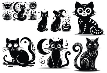 Halloween black cats illustration multiple poses and expressions against white background, decoration poster
