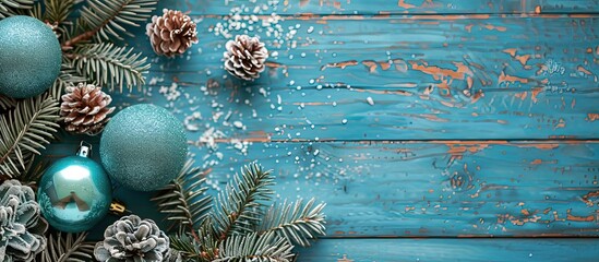 Christmas decoration on a turquoise wooden background New Year theme Copy space Flat lay Top view