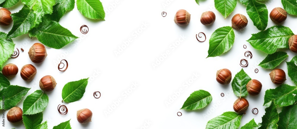Poster chestnuts and curly leaves in green isolated on a white background. with copy space image. place for