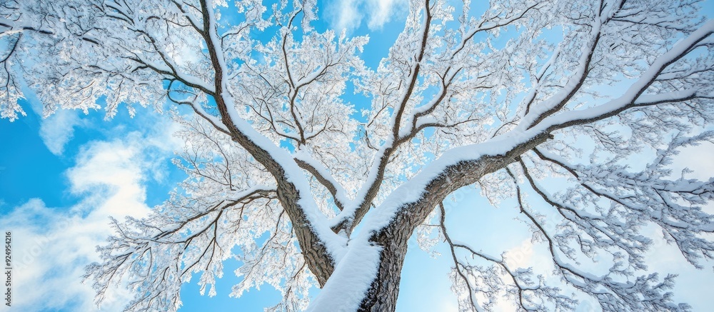 Poster Snow covered winter tree against a blue sky background full frame upward perspective. with copy space image. Place for adding text or design