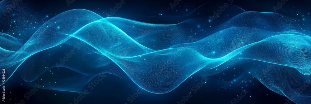 Poster abstract blue wave with glowing particles - abstract background with a blue wave flowing through a d