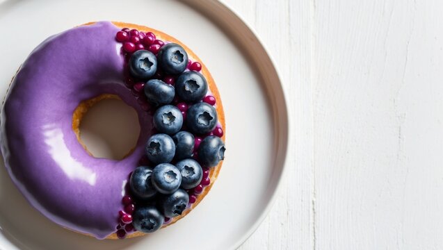 A purple glazed donut topped with fresh blueberries and red currants on a plate