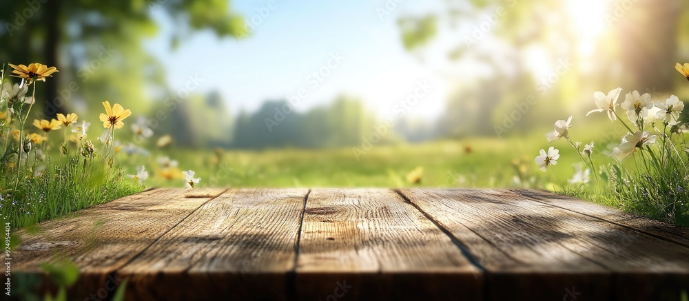 Aufkleber Nature blurred background with wooden board. with copy space image. Place for adding text or design