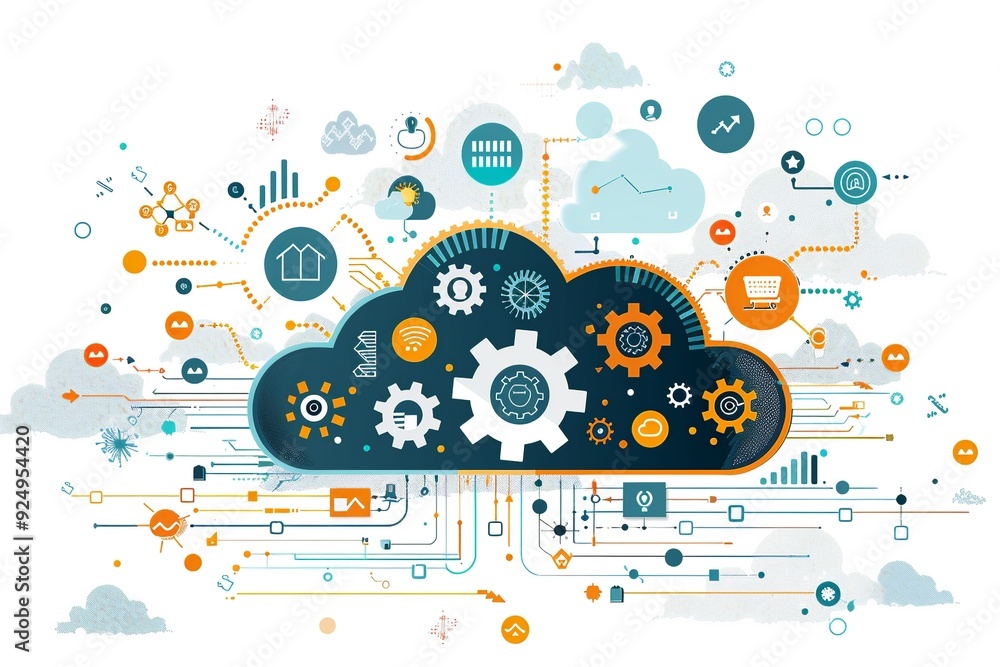 Poster a conceptual image highlighting cloud computing cost efficiency, featuring a cloud integrated with a